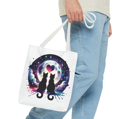Copy of Cat Lovers Under the Moon Tote Bag featuring a whimsical cat design, ideal for carrying essentials. Durable polyester with boxed corners and reinforced handles, available in three sizes to suit your style.