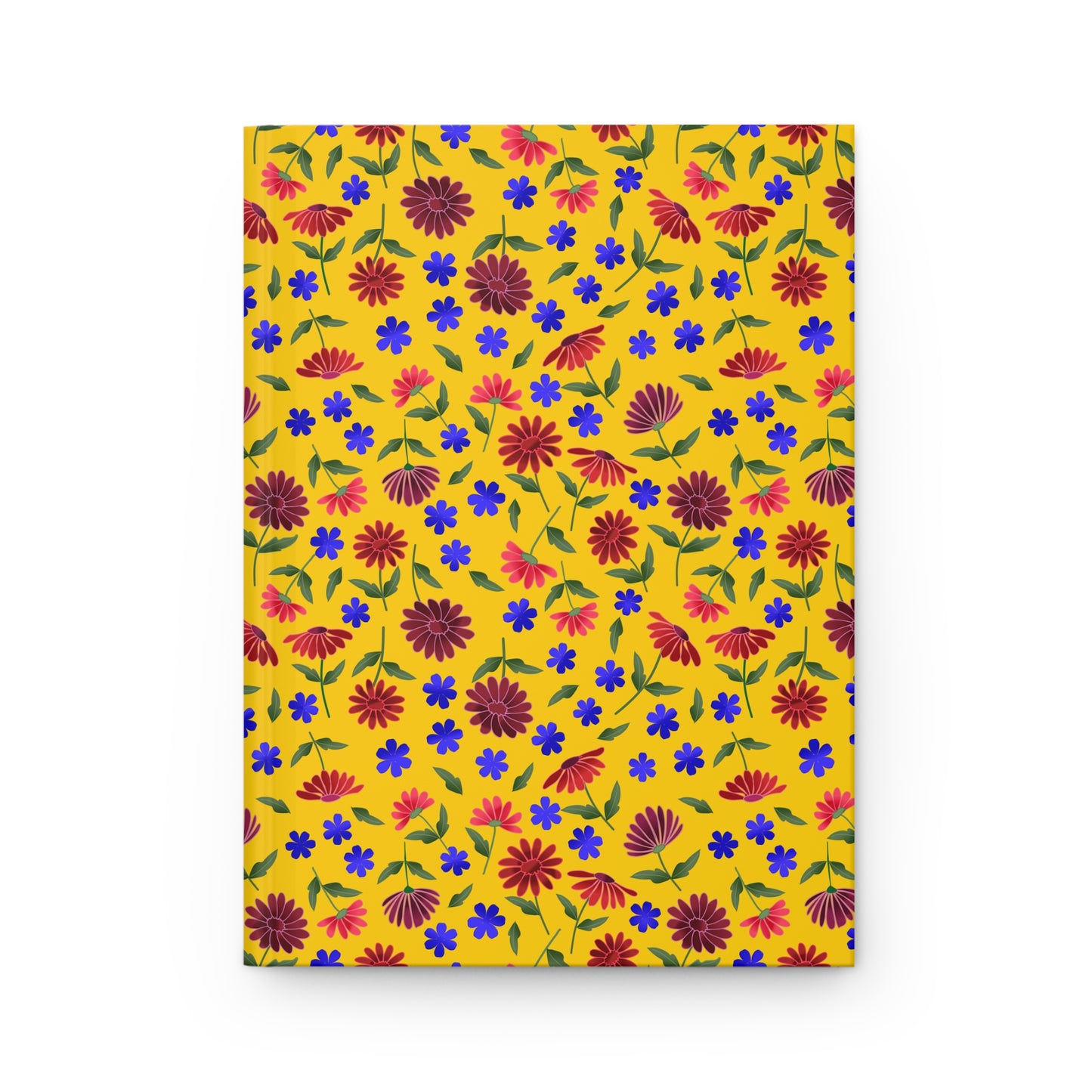Floral Pattern Hardcover Journal — Bright Yellow Wildflower Notebook featuring a vivid, matte cover with hand-drawn red, maroon, and blue flowers. Perfect for joyful notes, it embodies FireBrook Designs' uplifting aesthetic.