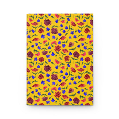 Floral Pattern Hardcover Journal — Bright Yellow Wildflower Notebook featuring a vivid, matte cover with hand-drawn red, maroon, and blue flowers. Perfect for joyful notes, it embodies FireBrook Designs' uplifting aesthetic.