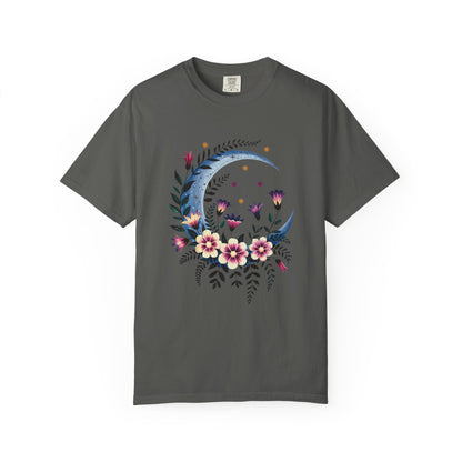 Crescent Moon Floral T-Shirt showcasing a bohemian design with intricate floral patterns, embodying a relaxed fit and crew neckline. Ideal for nature lovers, aligning with FireBrook Essentials' joyful and stylish apparel ethos.
