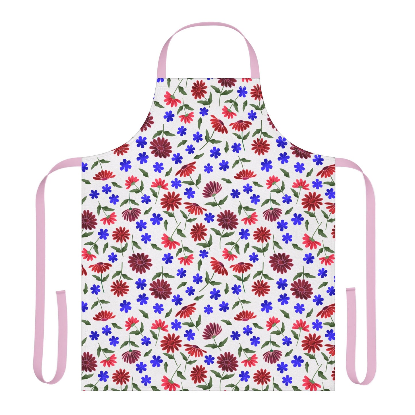 Floral Apron: A full-coverage apron with pink straps, featuring a vibrant print of red and burgundy daisies, small blue flowers, and green leaves, combining style and comfort from FireBrook Designs.