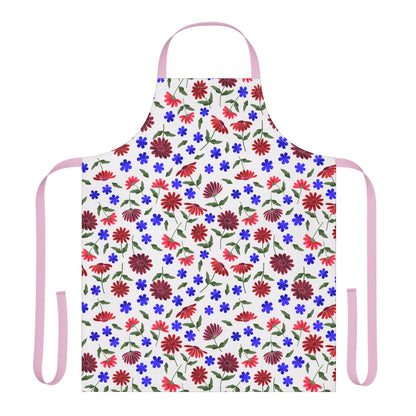 Floral Apron: A full-coverage apron with pink straps, featuring a vibrant print of red and burgundy daisies, small blue flowers, and green leaves, combining style and comfort from FireBrook Designs.
