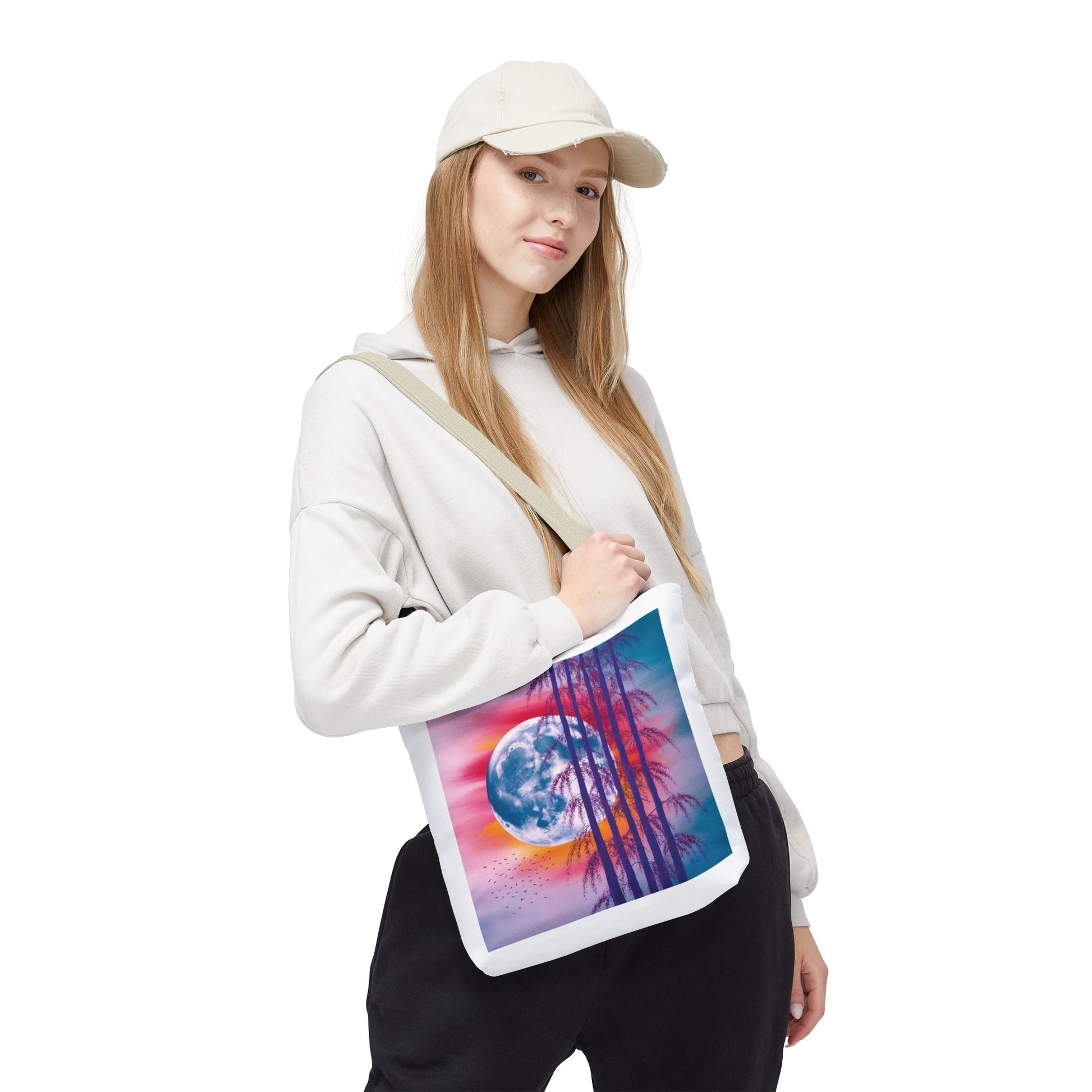 Moonlit Landscape Tote Bag features a vibrant full moon scene with silhouetted trees in an abstract style, perfect for nature lovers and everyday use, embodying FireBrook Essentials' uplifting design ethos.