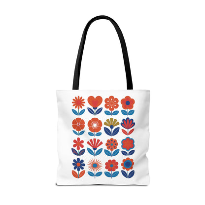 Floral Tote Bag with mid-century modern floral patterns, showcasing reinforced stitching and boxed corners for durability. Perfect for fashion-forward individuals seeking a stylish, everyday companion from FireBrook Essentials.