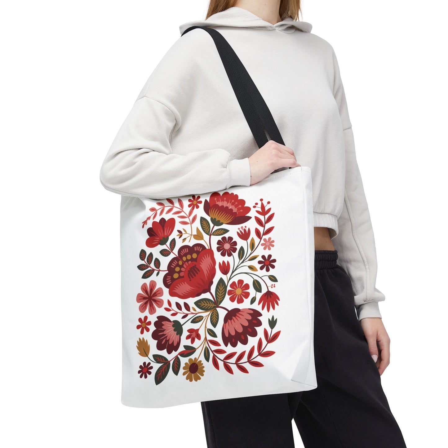 Red Floral Folk-Art Style Tote Bag featuring vibrant organic floral illustrations in red tones with green leaves. Designed for durability and style, perfect for groceries or day trips. Available at FireBrook Essentials.