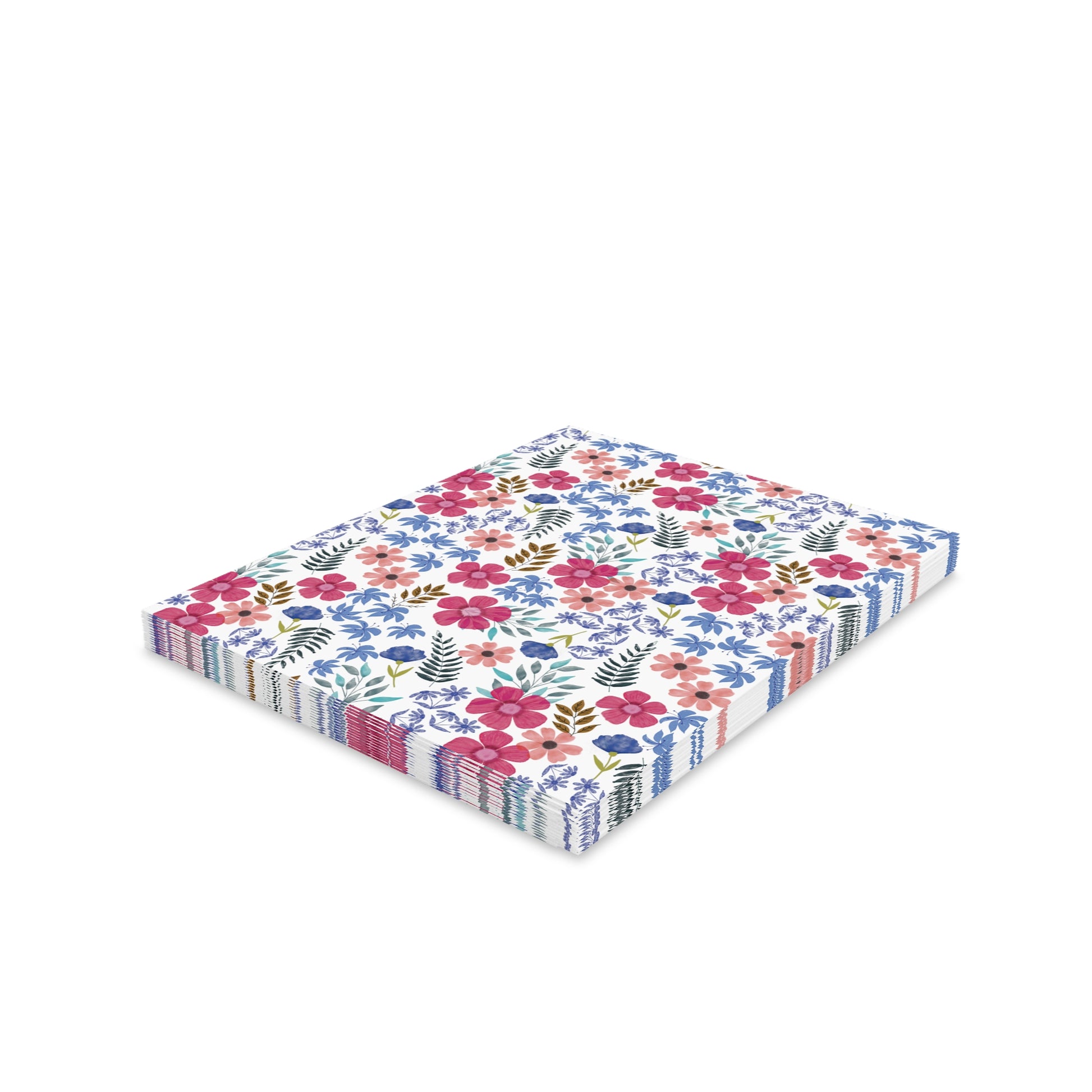 Floral Wildflower Greeting Cards — Pack of 8/16/24 showcasing vibrant, hand-drawn wildflowers and green foliage on a white background. Each card is folded with a matching envelope, embodying cheerful, springtime energy.