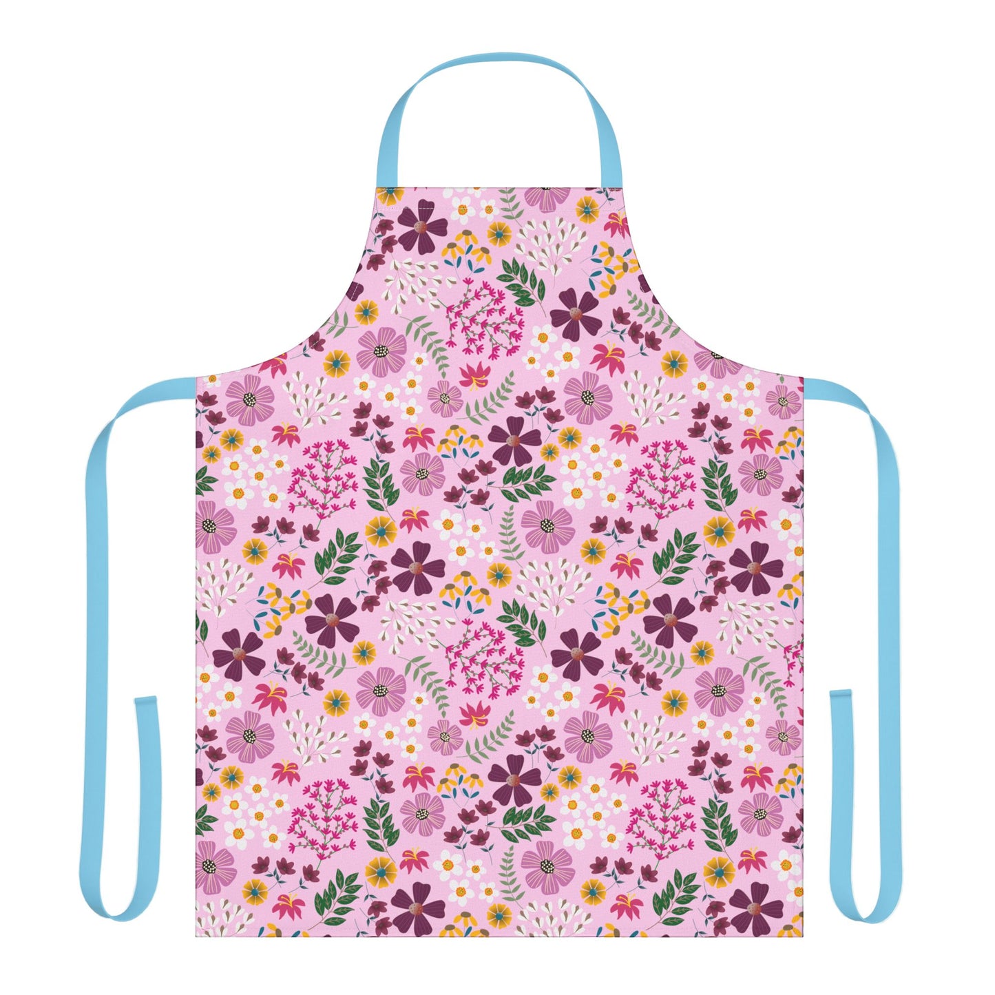 Floral Apron: A stylish, full-coverage kitchen apron featuring a vibrant floral pattern on a soft pink background, complemented by light blue ties, perfect for enhancing joyful cooking experiences.