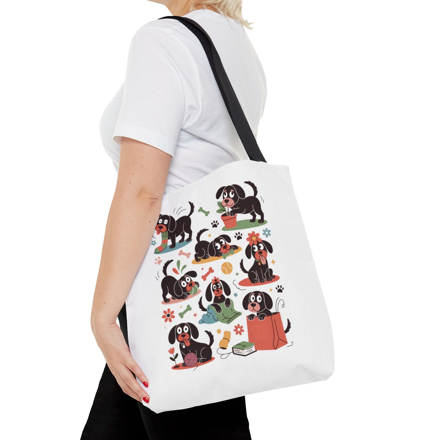 Dog Tote Bag - Playful Cartoon Illustration Design features hand-drawn dogs with everyday objects, exuding a whimsical vibe. Perfect as a reusable shopping accessory or unique gift for dog lovers.