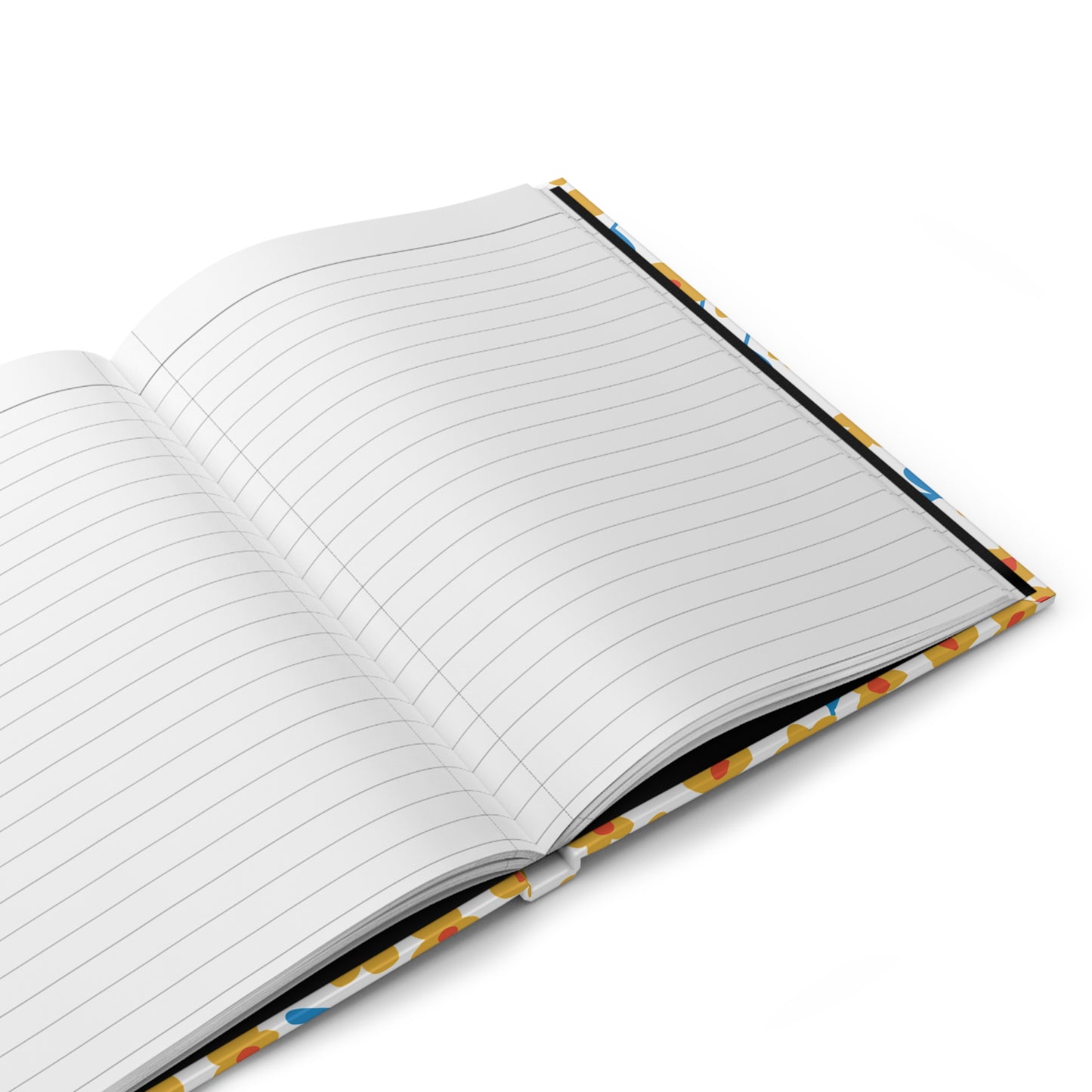 Floral Ditsy Hardcover Journal — Yellow Wildflower Notebook for Notes & Gifts 8.07 in x 5.71 in. lies open, showcasing its blank ruled pages and vibrant polka-dot cover on a white surface.