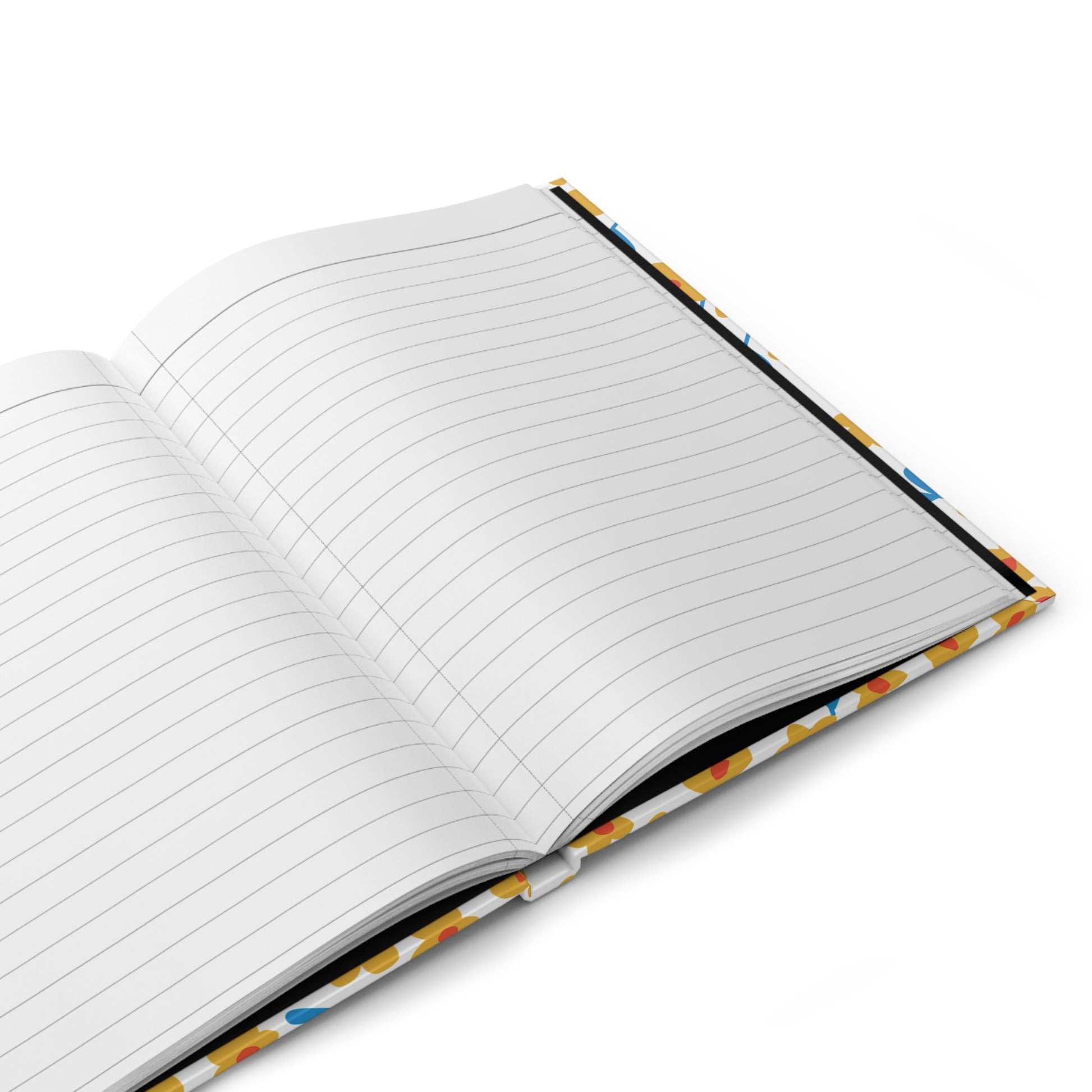 Floral Ditsy Hardcover Journal — Yellow Wildflower Notebook for Notes & Gifts 8.07 in x 5.71 in. lies open, showcasing its blank ruled pages and vibrant polka-dot cover on a white surface.