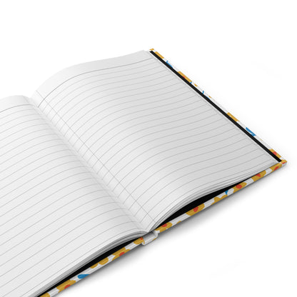 Floral Ditsy Hardcover Journal — Yellow Wildflower Notebook for Notes & Gifts 8.07 in x 5.71 in. lies open, showcasing its blank ruled pages and vibrant polka-dot cover on a white surface.