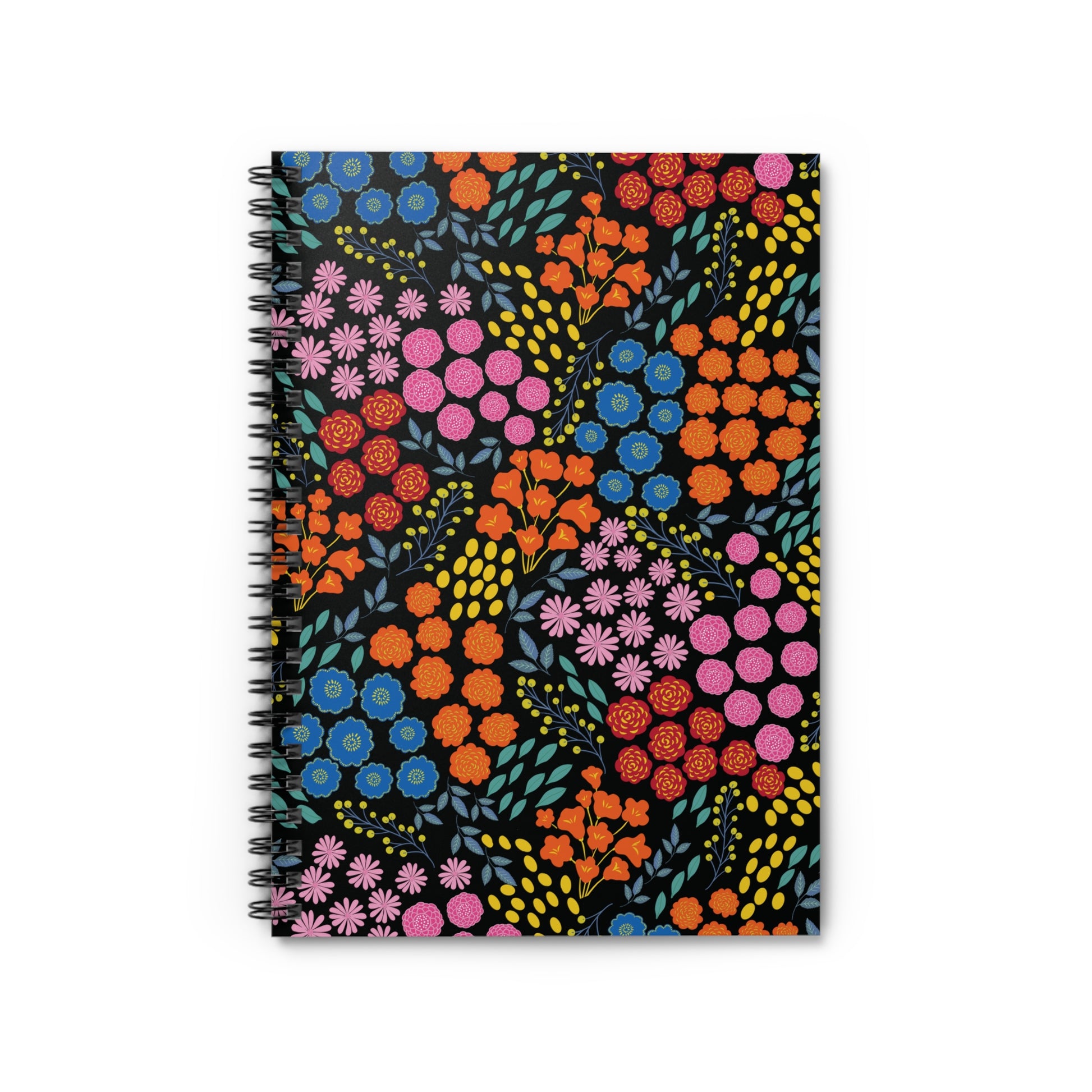Floral Spiral Notebook featuring a vibrant, stylized floral pattern on a black cover, perfectly blending style and functionality, ideal for jotting notes, sketching, or journaling with creative flair.