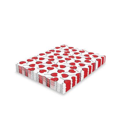 Love Greeting Cards — Pack of 8/16/24: A neat stack of square paper napkins featuring a charming pattern of red heart-shaped lollipops on a white background, capturing FireBrook Designs' cheerful and uplifting essence.
