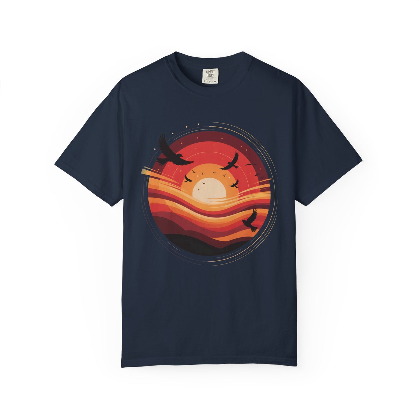 Sunset Energy Abstract T-Shirt with vibrant concentric rings and silhouetted birds, capturing dynamic motion. Perfect for casual summer wear, aligning with FireBrook Essentials' uplifting and stylish ethos.