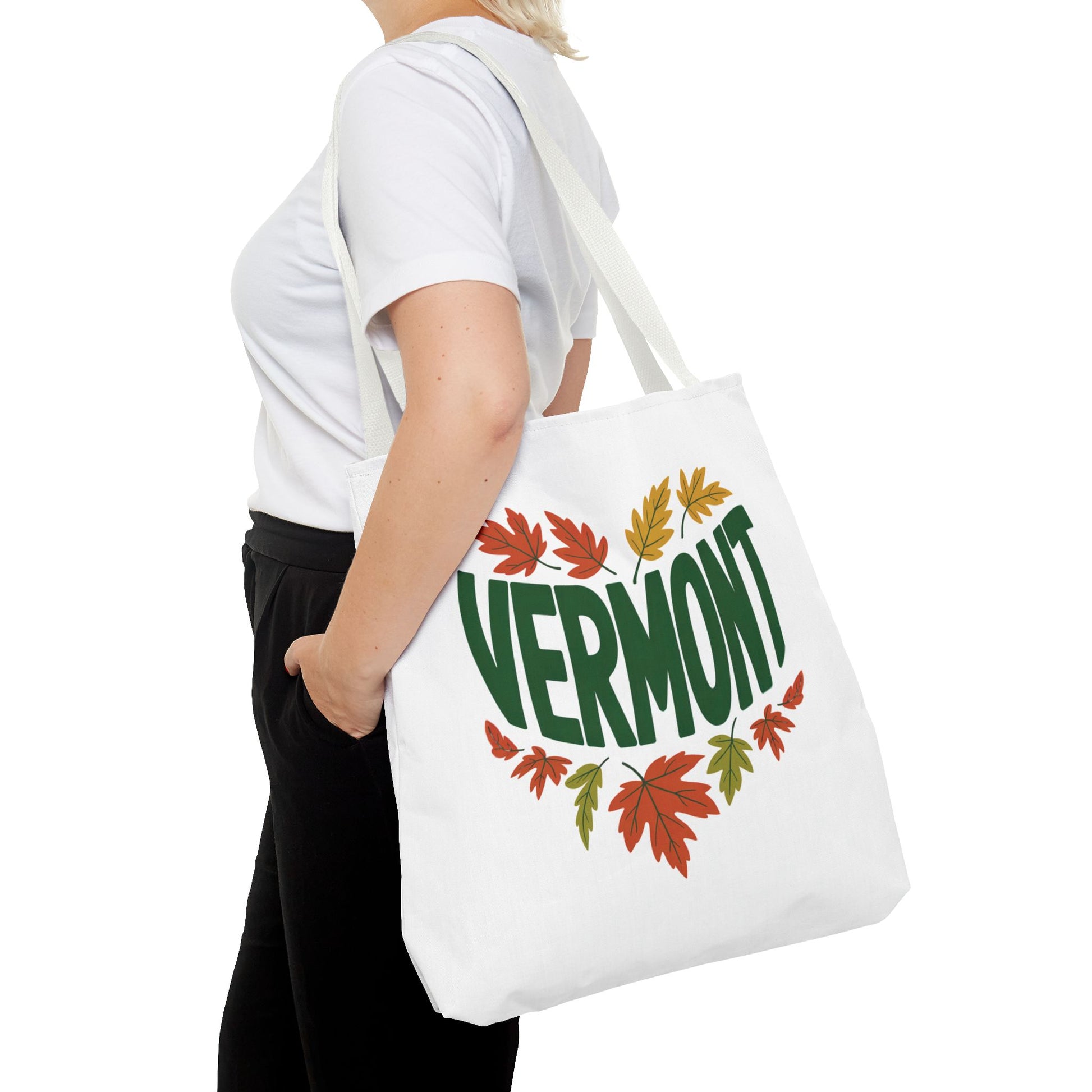 Close-up of the Vermont Tote Bag, showcasing its durable polyester fabric and reinforced stitching. Designed with boxed corners for extra space, it's a versatile accessory perfect for daily essentials.