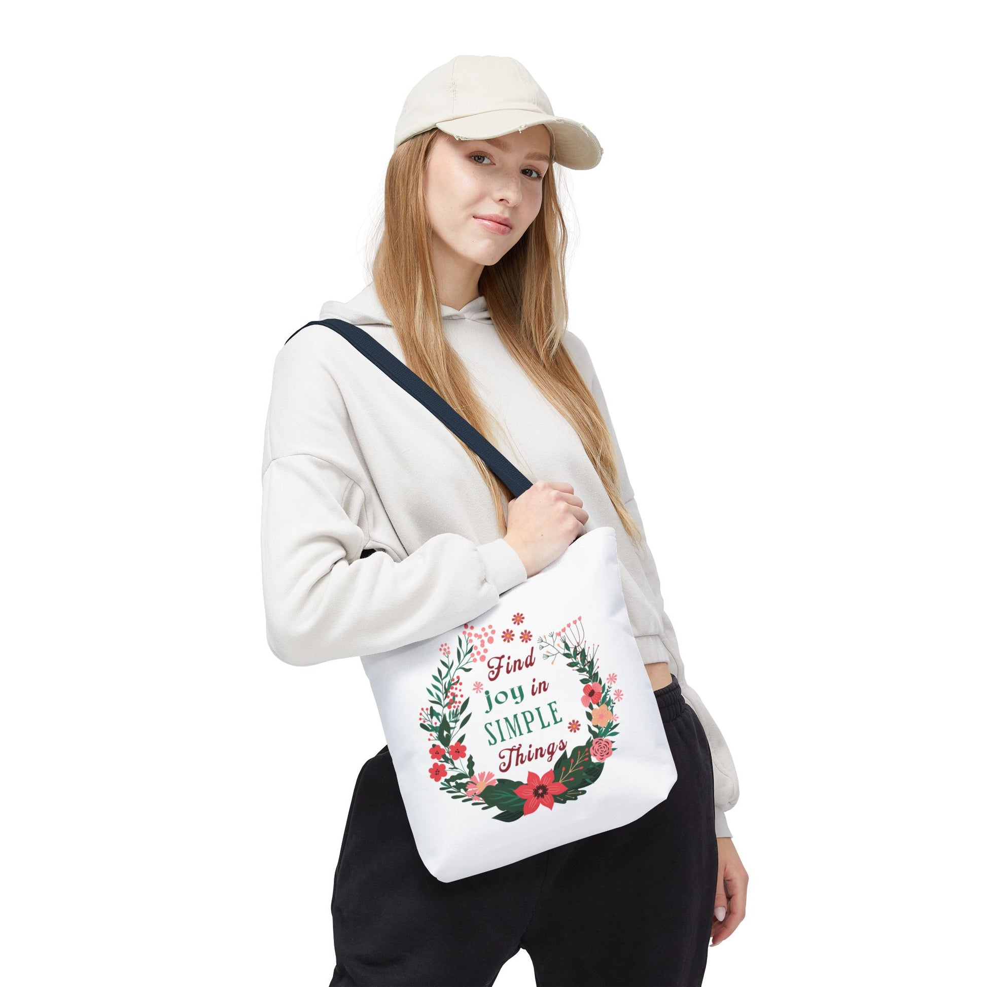 Find Joy in Simple Things Tote Bag features a watercolor floral design, perfect for daily errands and adventures, combining style with practicality.