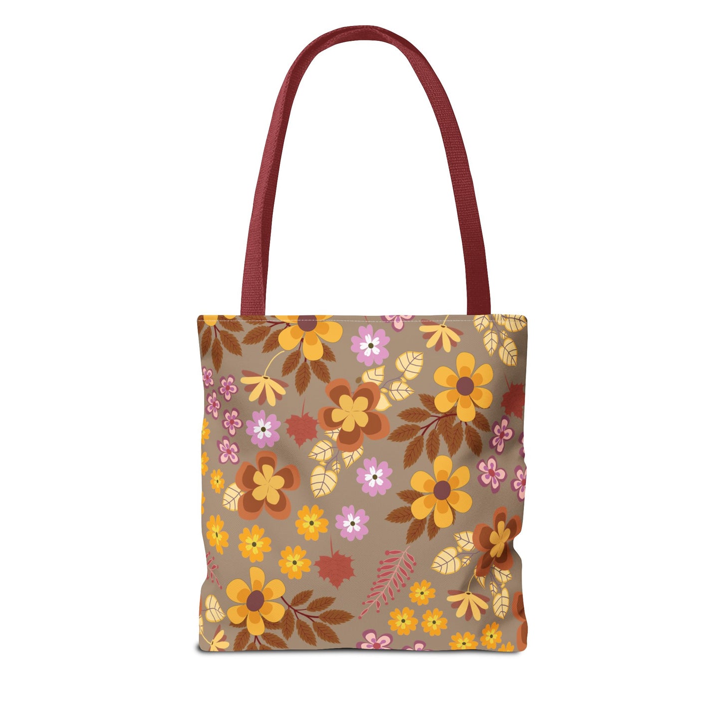 Harvest Brown Bloom Tote Bag featuring a warm tan base adorned with gold, amber, rust, and pink floral patterns. Burgundy straps complement the design, offering style and utility for joyful outings.