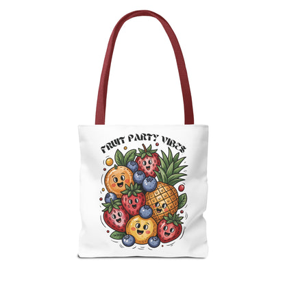 Fruit Party Tote Bag – Fun Summer Vibes: A durable polyester tote with reinforced handles and boxed corners, perfect for groceries, beach trips, or errands, embodying joyful, colorful summer energy.