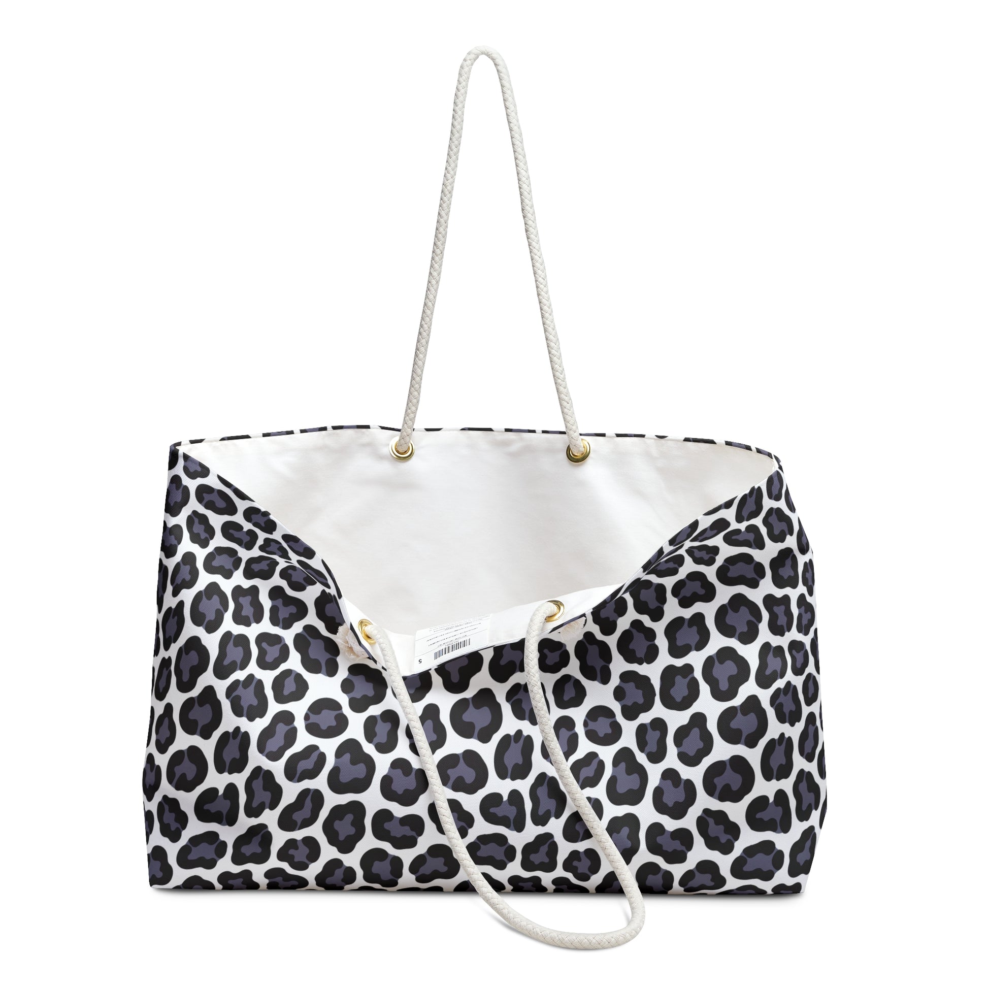 Weekender Bag - Gray Cheetah Print Duffle Bag: Close-up view showing durable rope handles and stylish black-and-white cheetah pattern, embodying FireBrook Designs' blend of comfort and style for joyful travel experiences.