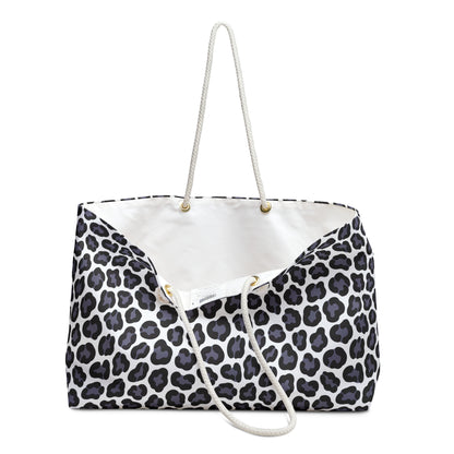 Weekender Bag - Gray Cheetah Print Duffle Bag: Close-up view showing durable rope handles and stylish black-and-white cheetah pattern, embodying FireBrook Designs' blend of comfort and style for joyful travel experiences.