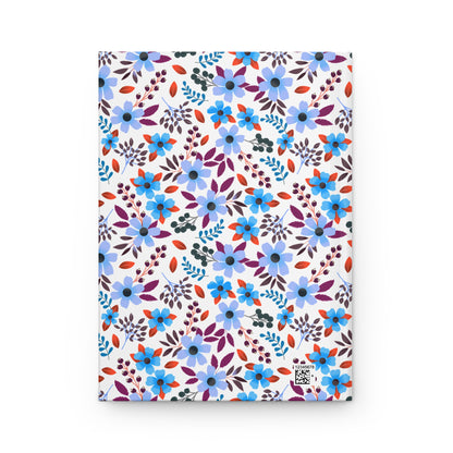 HARDCOVER JOURNAL, MATTE, RULED, 5X7, SEWN BIND, CLEAN-TEAR PAGES – BLOOM BRIGHTLY features a floral-patterned cover with a small barcode on the front, embodying FireBrook Essentials' joyful, uplifting design philosophy.