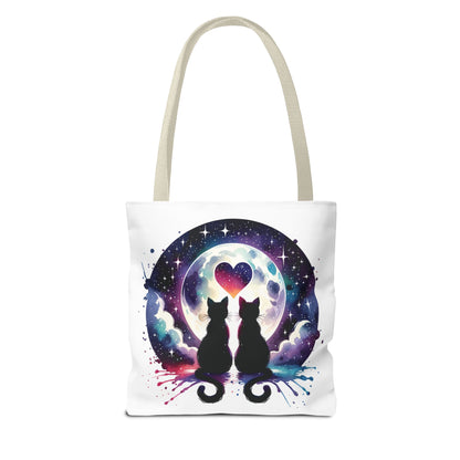 Copy of Cat Lovers Under the Moon Tote Bag featuring a sturdy 100% polyester body with boxed corners and reinforced handles, perfect for carrying essentials with a charming cat-themed design.