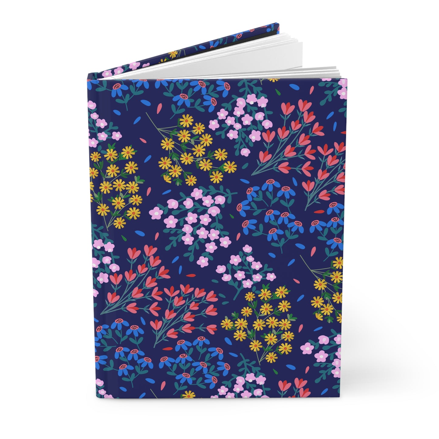 Floral Meadow Hardcover Journal — Navy Botanical Notebook for Notes & Gifts features a vibrant wildflower pattern on a matte navy cover, designed for joyful writing with 150 lined, perforated pages.