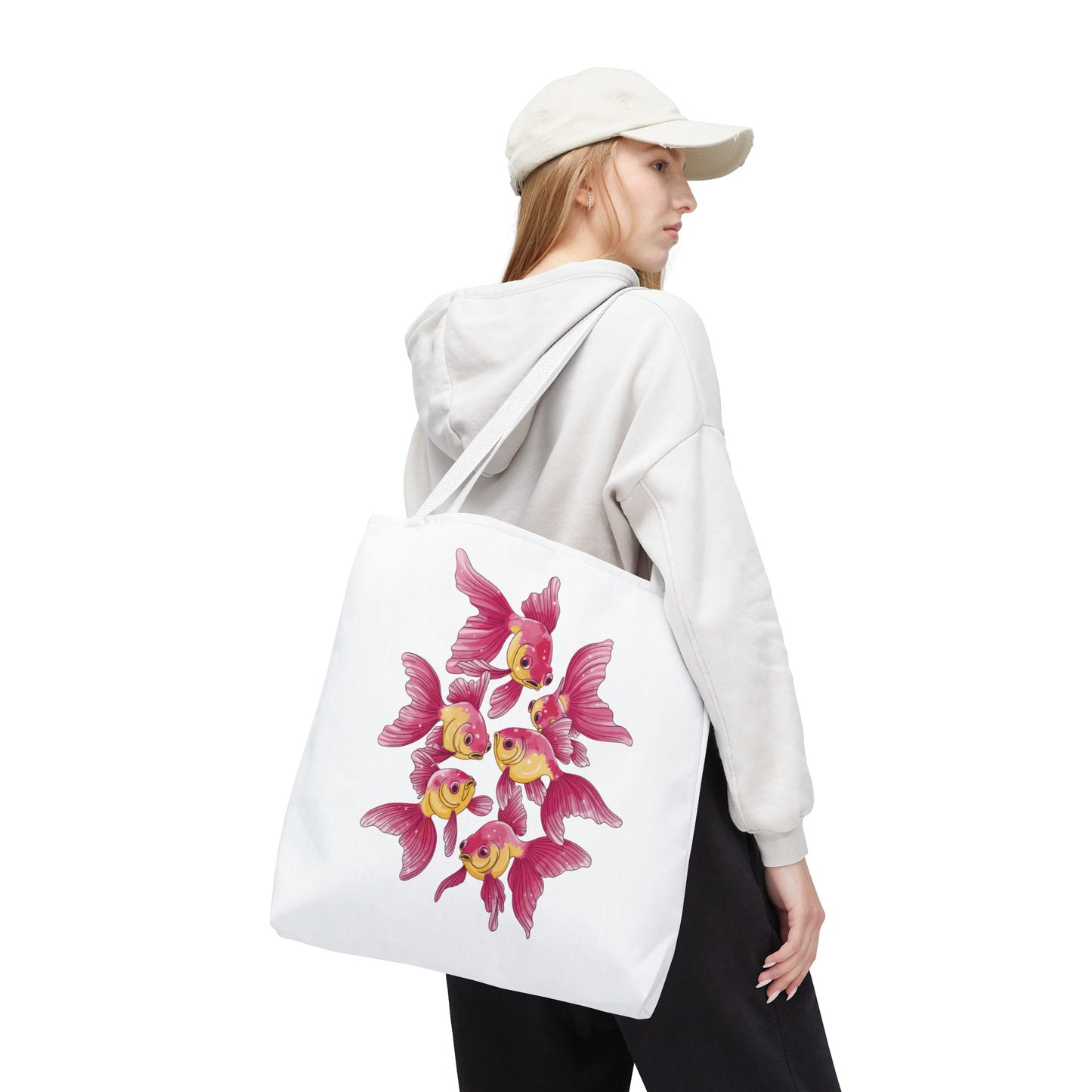 Fish Tote Bag - School of Fish Design: Tote bag adorned with a tranquil school of fish illustration, perfect for marine life enthusiasts. Durable polyester with reinforced handles, ideal for books or beach trips.