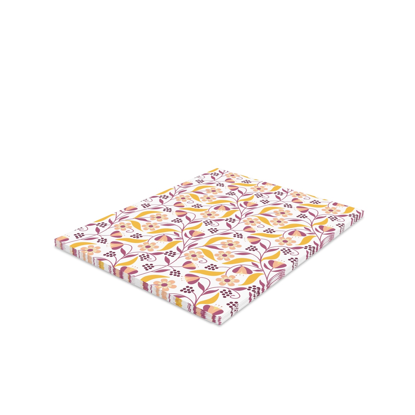 Floral Greeting Cards — Pack of 8/16/24 showcasing vibrant, stylized floral patterns of mustard-yellow leaves, rose-pink blossoms, and burgundy vines on matte-finish cardstock, embodying FireBrook Designs' uplifting, joyful essence.