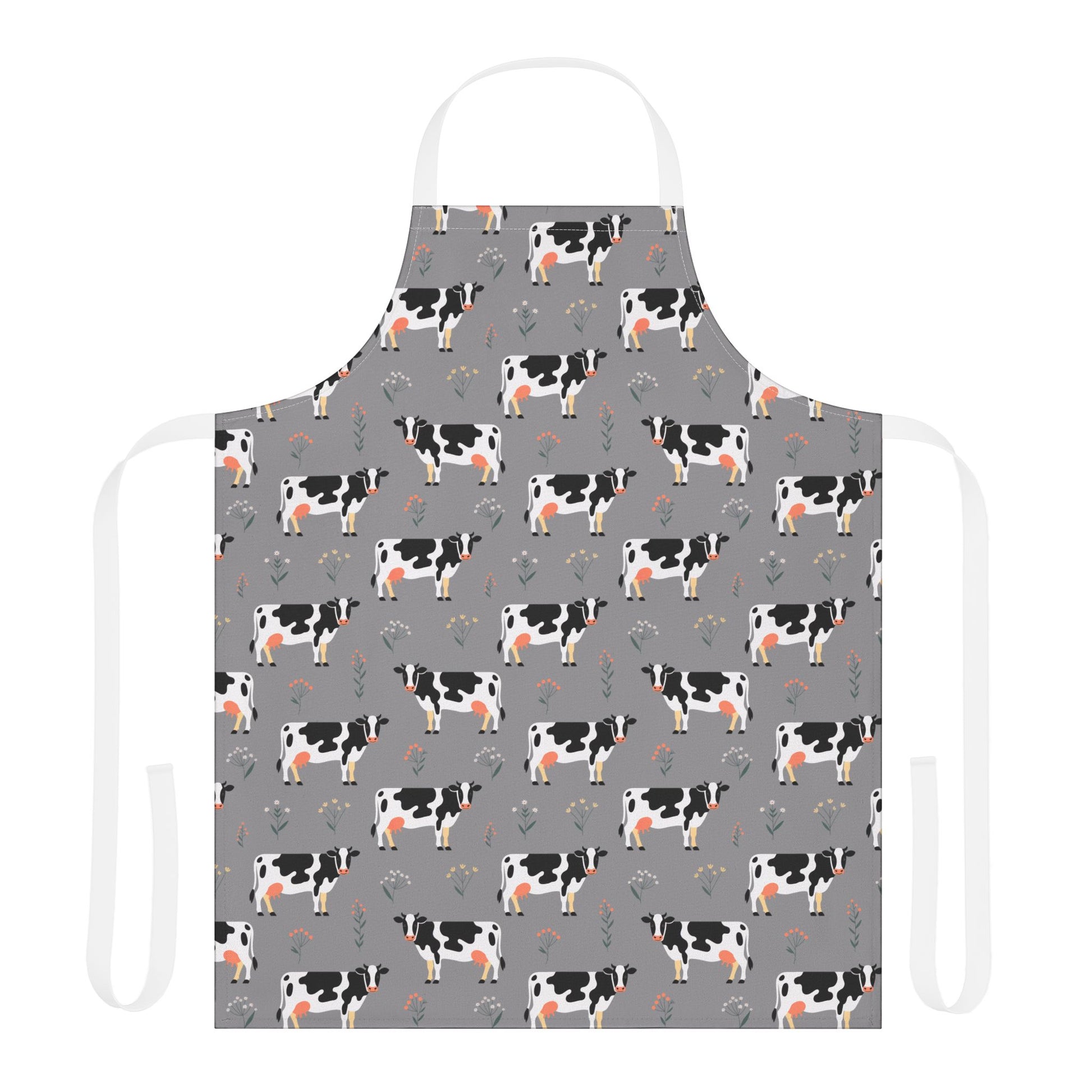 Apron Dairy Cows Pattern features a charming Holstein cow design, perfect for farm enthusiasts and home cooks. Made from soft polyester canvas, it offers comfort and style for kitchen and crafting activities.