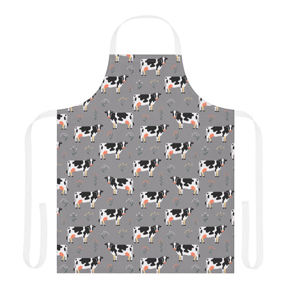Apron Dairy Cows Pattern features a charming Holstein cow design, perfect for farm enthusiasts and home cooks. Made from soft polyester canvas, it offers comfort and style for kitchen and crafting activities.