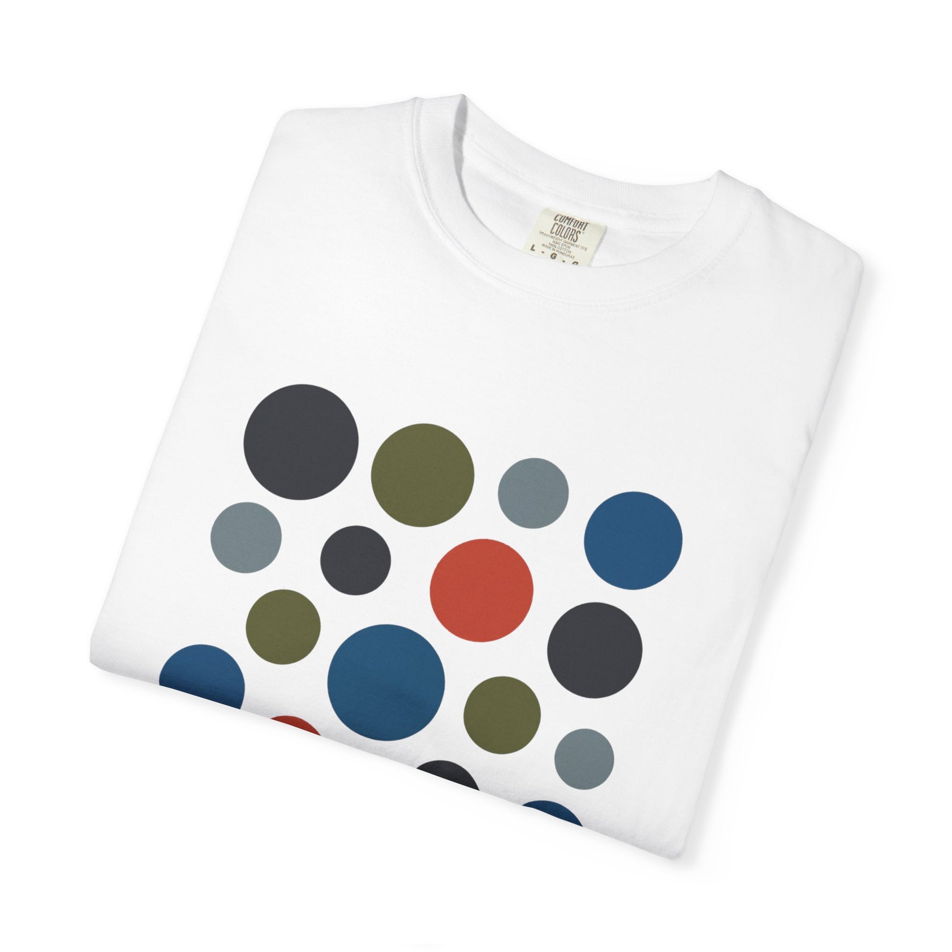 Abstract Circle Design in Modern Muted Tones T-Shirt featuring varying-sized circles in a unique layout, offering a stylish, artistic vibe. Ideal for casual or semi-formal wear, embodying FireBrook Essentials' uplifting design ethos.