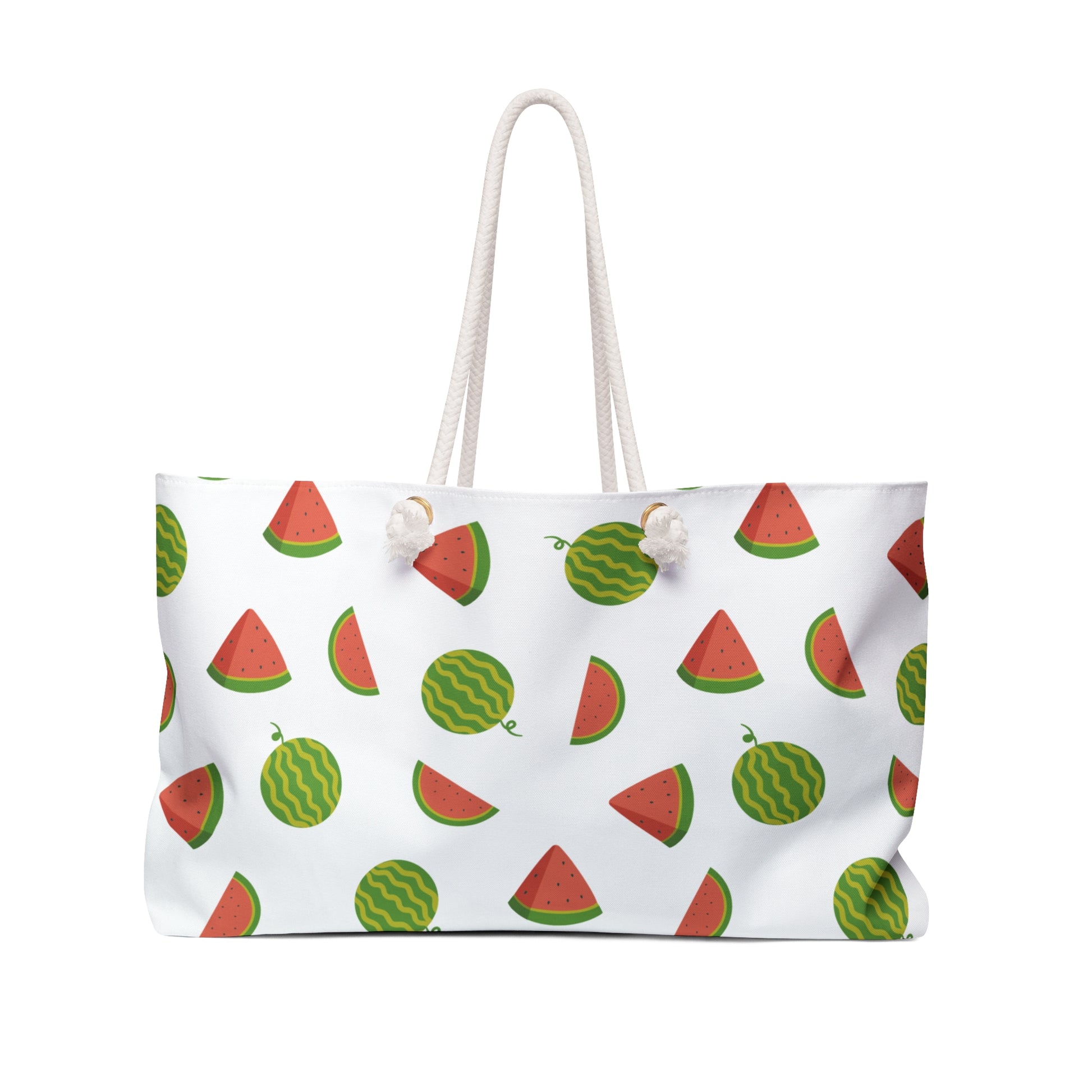 Watermelon Design Weekender Bag – Fun Summer Travel Tote features playful watermelon patterns, rope handles, and a spacious T-bottom design, ideal for joyful beach trips and quick getaways.
