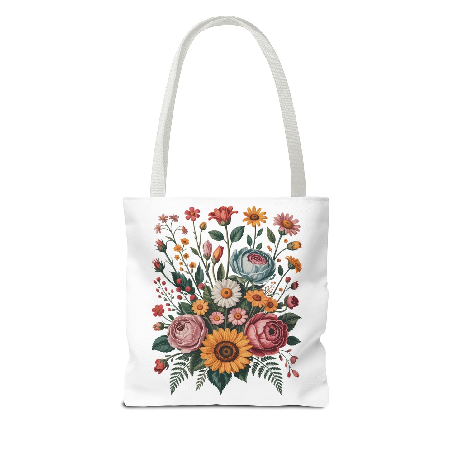 Botanical Vintage Flower Tote Bag showcasing a collage of vintage floral illustrations on a durable polyester body, ideal for carrying essentials with style and positivity, reflecting FireBrook Designs' uplifting ethos.