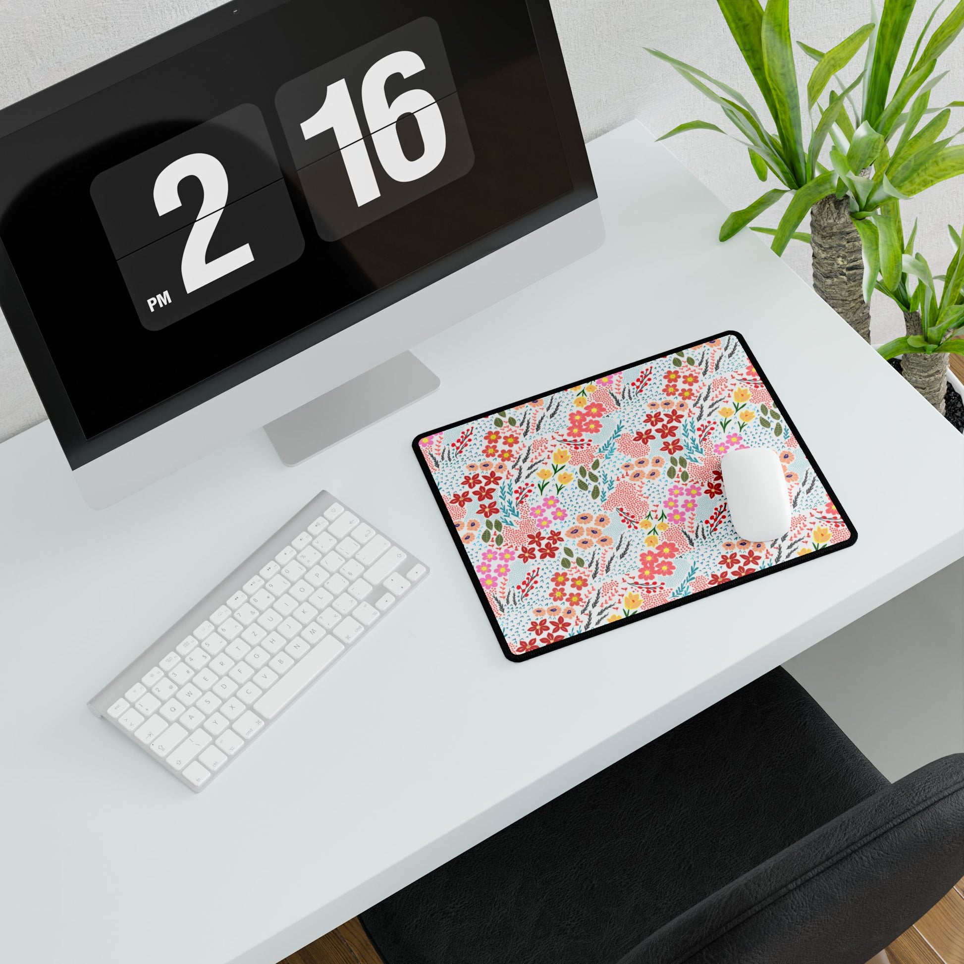 Desk Mats - Garden Floral Pattern adorns a minimalist workspace, featuring a vibrant floral-patterned mouse pad under a white wireless mouse, adding elegance and nature-inspired charm to the setup.