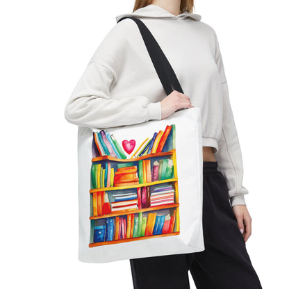 Books Tote Bag - 100% Spun Polyester, featuring a vibrant bookshelf design, held by a woman. Durable and perfect for book lovers and daily use.