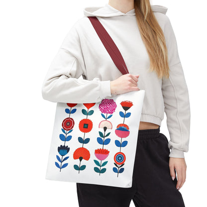 Floral Pattern Tote Bag held by a woman, showcasing its vibrant flower design, ideal for versatile use and enhanced with durable construction.