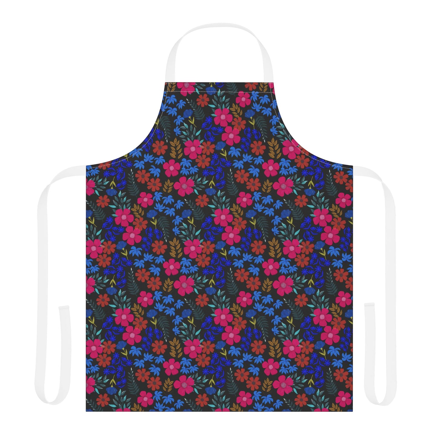 Apron Floral Design: A vibrant kitchen apron with a dense floral pattern in pink, red, blue, and mustard-yellow, featuring solid-white neck and waist ties, crafted for comfort and style.