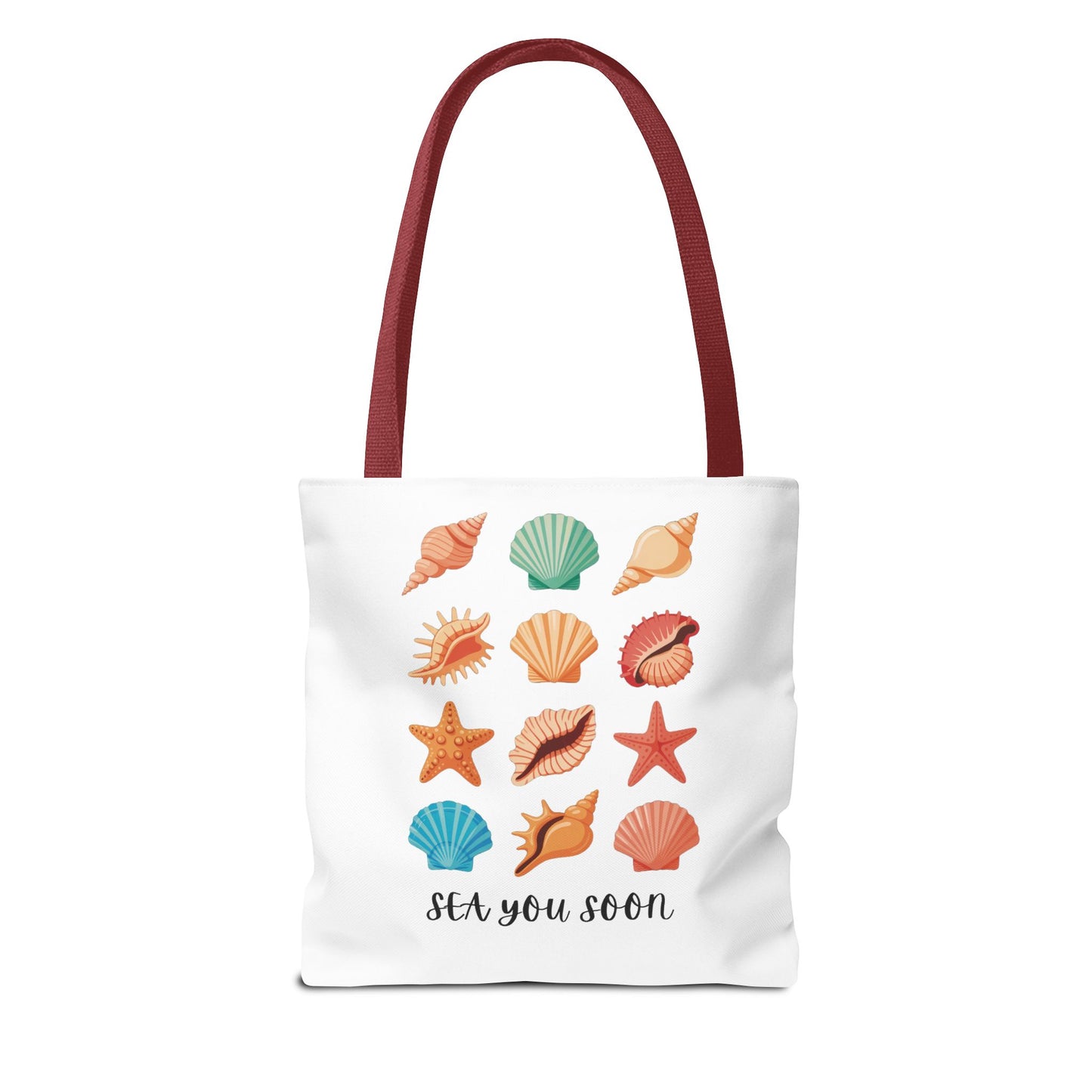 The Sea You Soon Sea Shells Tote Bag showcases a beachy design with seashells, perfect for coastal living. This durable, stylish bag from FireBrook Essentials is ideal for beach trips and casual outings.