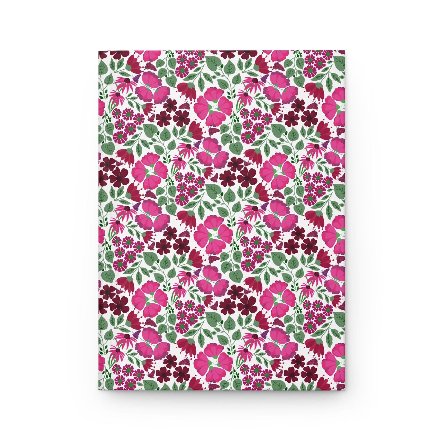 HARDCOVER JOURNAL, MATTE, RULED, 5X7, SEWN BIND, CLEAN-TEAR PAGES – ROSE GARDEN features a vibrant floral pattern of pink and burgundy blossoms with green leaves on a white canvas.