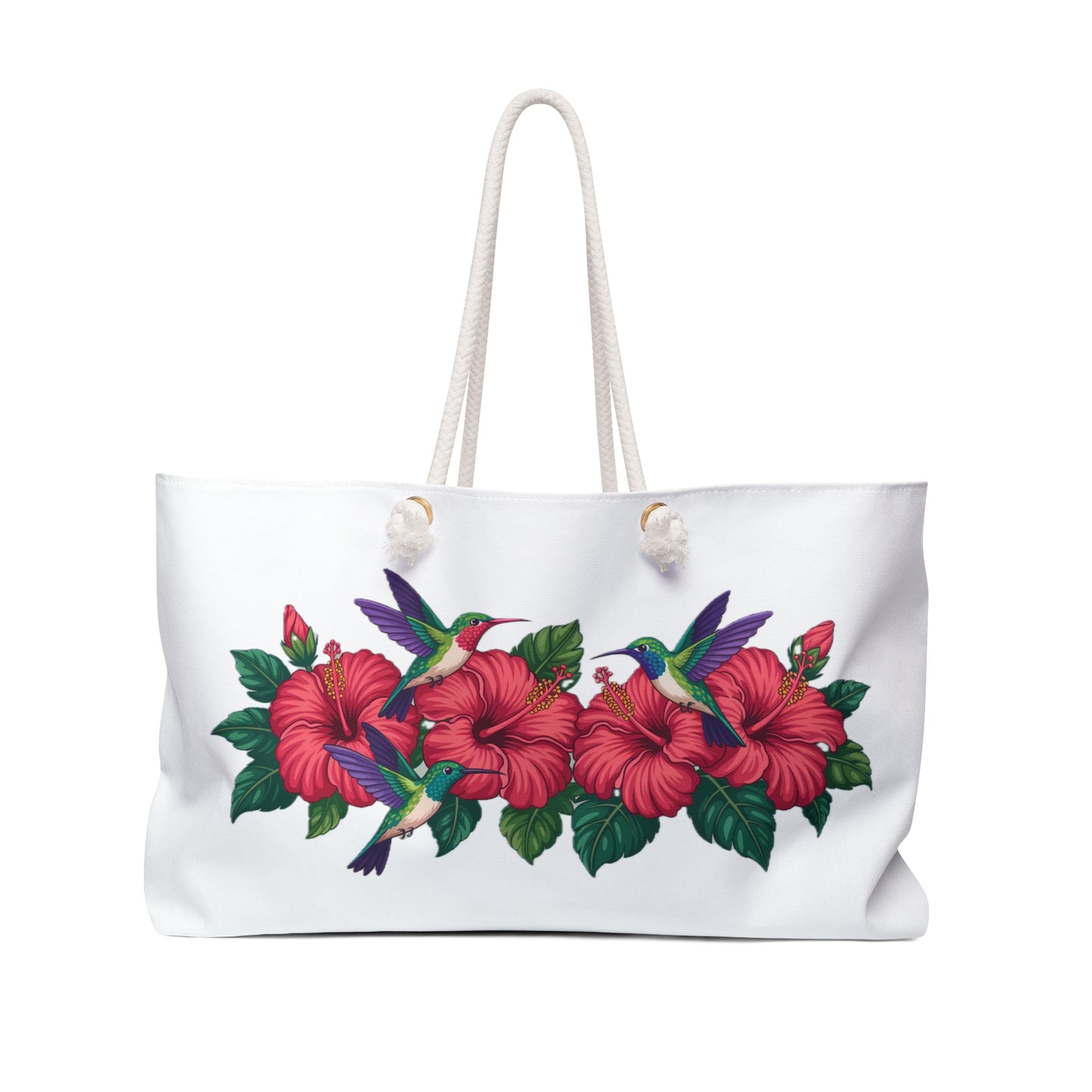 Tote Bag with hummingbirds and hibiscus design, showcasing vibrant patterns perfect for stylish travelers. Features rope handles, T-bottom for extra space, ideal for joyful weekend trips or summer getaways.