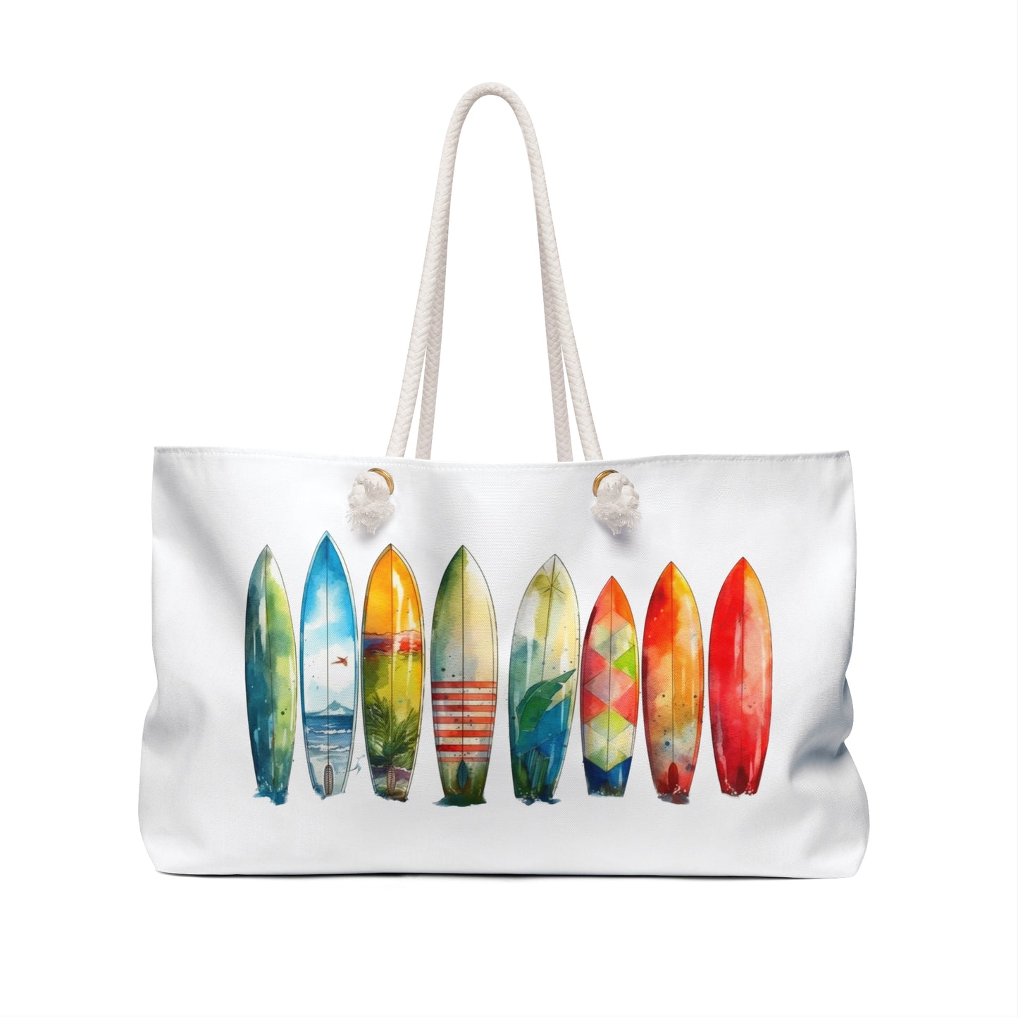 Weekender Bag featuring a surfboard print, designed with rope handles and gold grommets. Ideal for beach lovers, this spacious accessory embodies FireBrook Designs' uplifting and joyful essence.