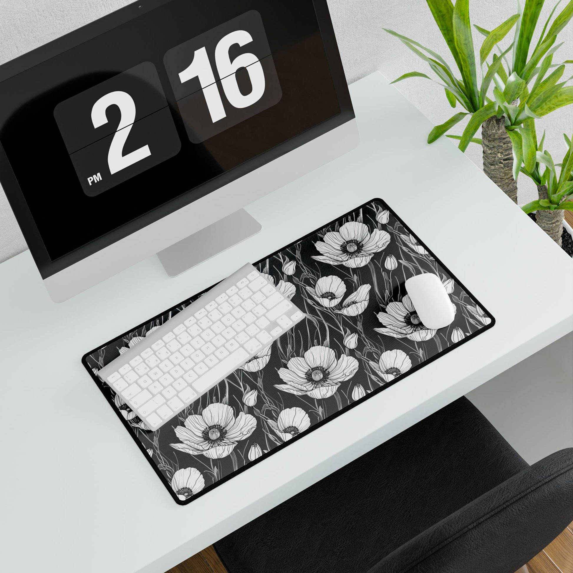 Monochrome Poppies Floral Desk Mat, Computer Desk Pad, Gift for Her, featuring elegant black-and-white poppy line art on a charcoal backdrop, perfect for adding style and functionality to any desk.