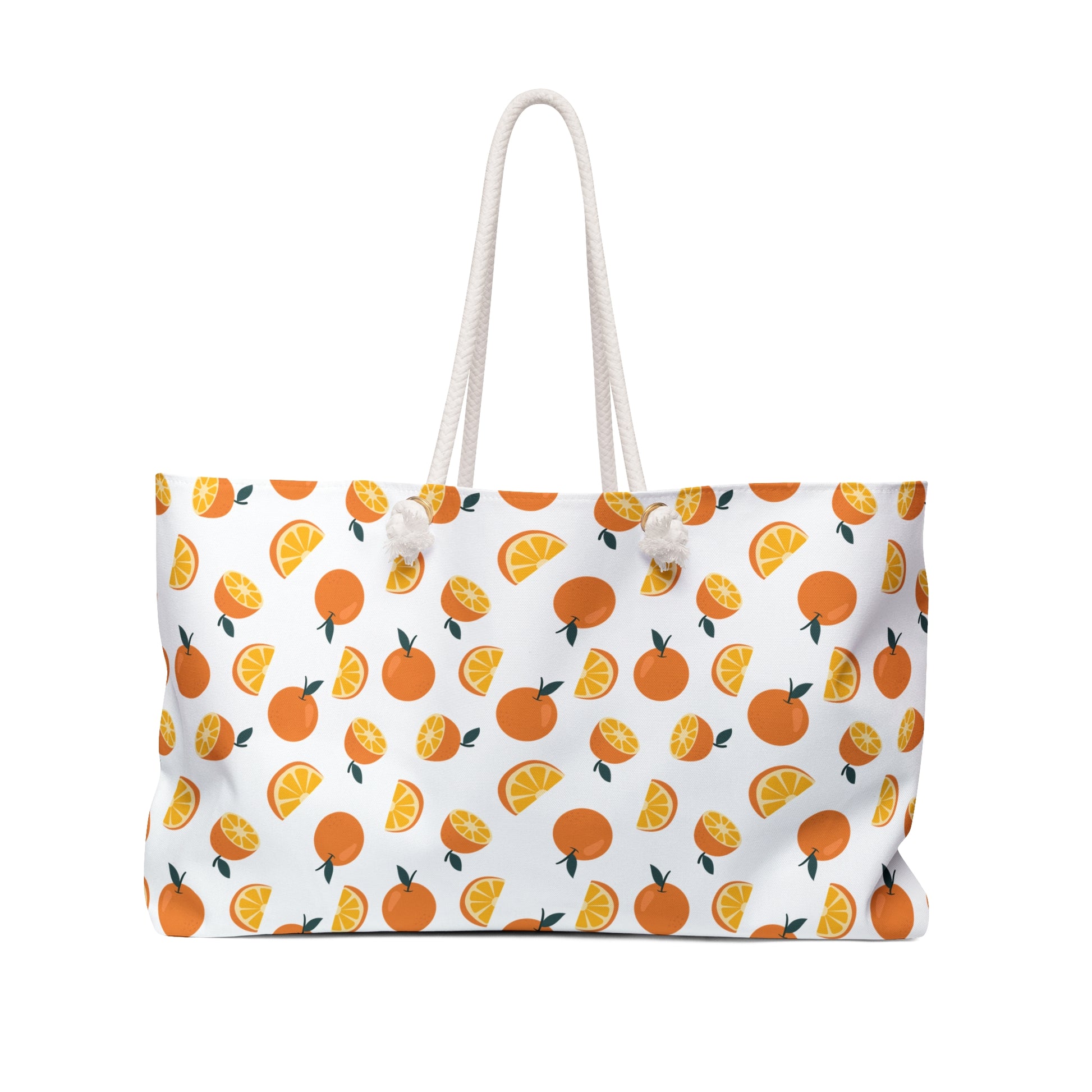 Weekender Bag Orange Pattern Design Travel Tote with playful orange motif, featuring rope handles and T-bottom design, ideal for stylish weekend getaways and short trips.