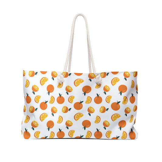 Weekender Bag Orange Pattern Design Travel Tote with playful orange motif, featuring rope handles and T-bottom design, ideal for stylish weekend getaways and short trips.