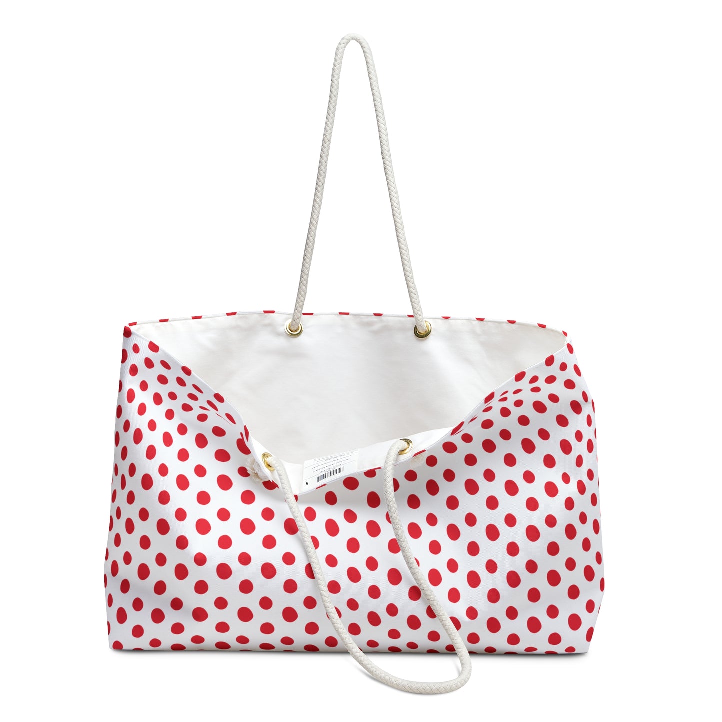 Weekender Bag - Red (small) Polka Dots features a playful retro design with rope handles and a spacious interior, perfect for stylish weekend trips and adding a cheerful touch to travel.