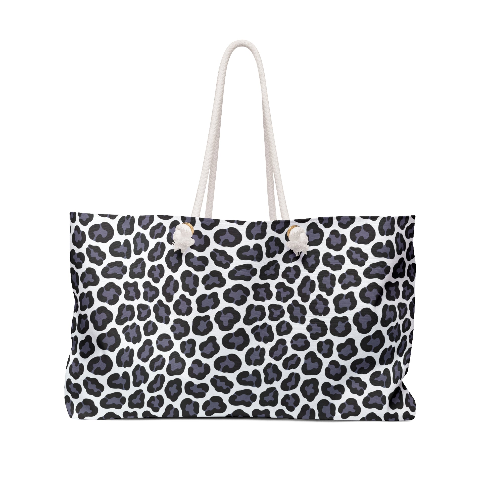 Weekender Bag - Gray Cheetah Print Duffle Bag, featuring a chic black and white spotted pattern with durable rope handles, ideal for stylish, comfortable travel adventures.