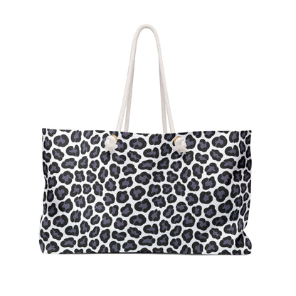 Weekender Bag - Gray Cheetah Print Duffle Bag, featuring a chic black and white spotted pattern with durable rope handles, ideal for stylish, comfortable travel adventures.