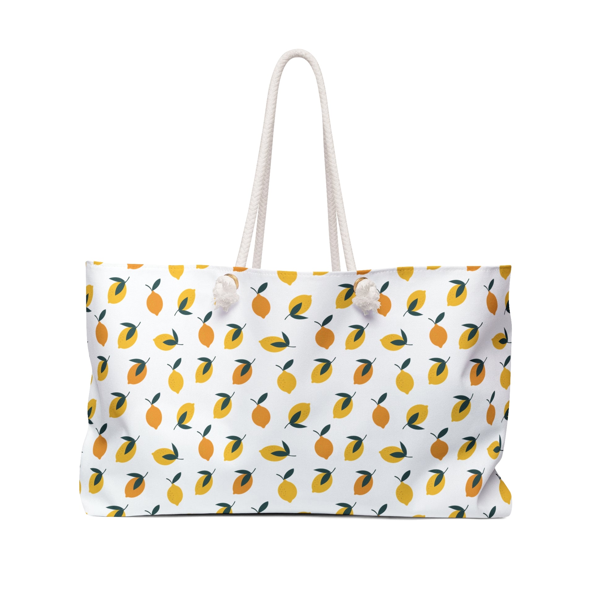 Lemon Print Weekender Bag - A vibrant tote with a playful lemon design, ideal for beach trips or gym visits. Spacious and functional, it embodies FireBrook Designs' ethos of style and positivity.