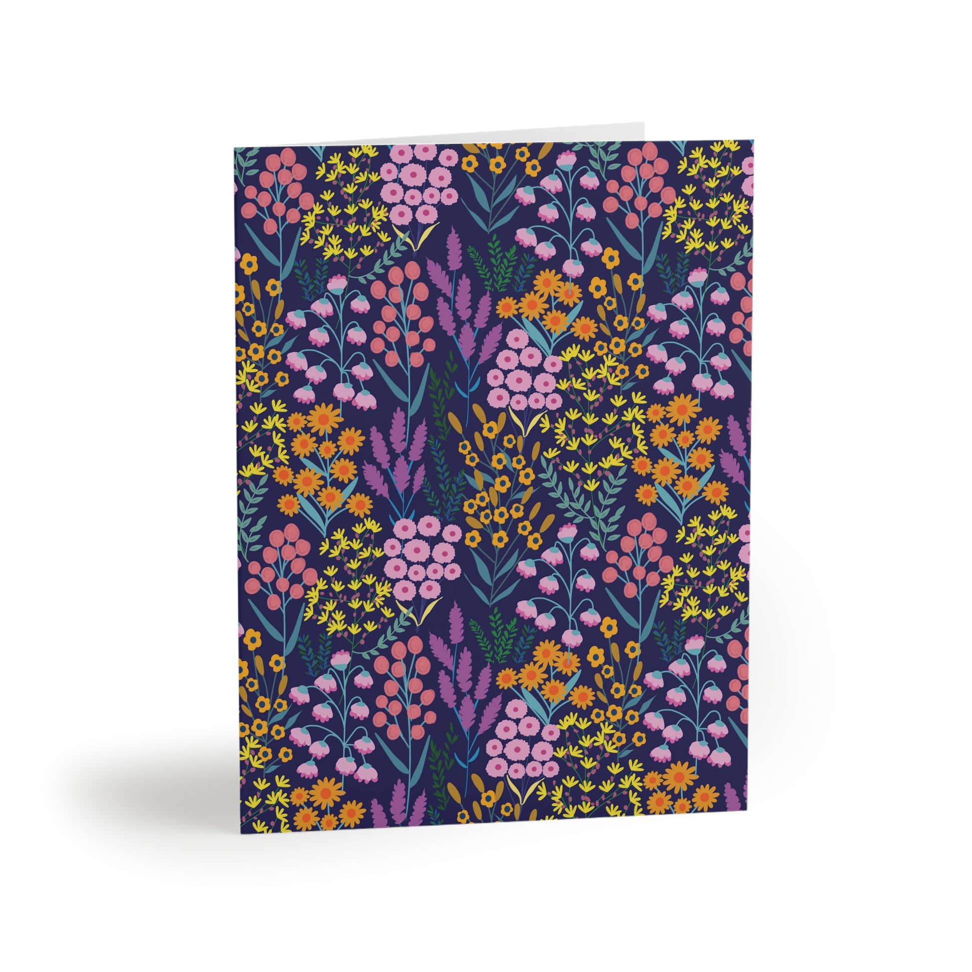 Floral Wildflower Greeting Cards — Pack of 8/16/24, featuring vibrant, stylized floral patterns with daisies and blooms. Matte-finish cards come with envelopes, perfect for heartfelt messages.